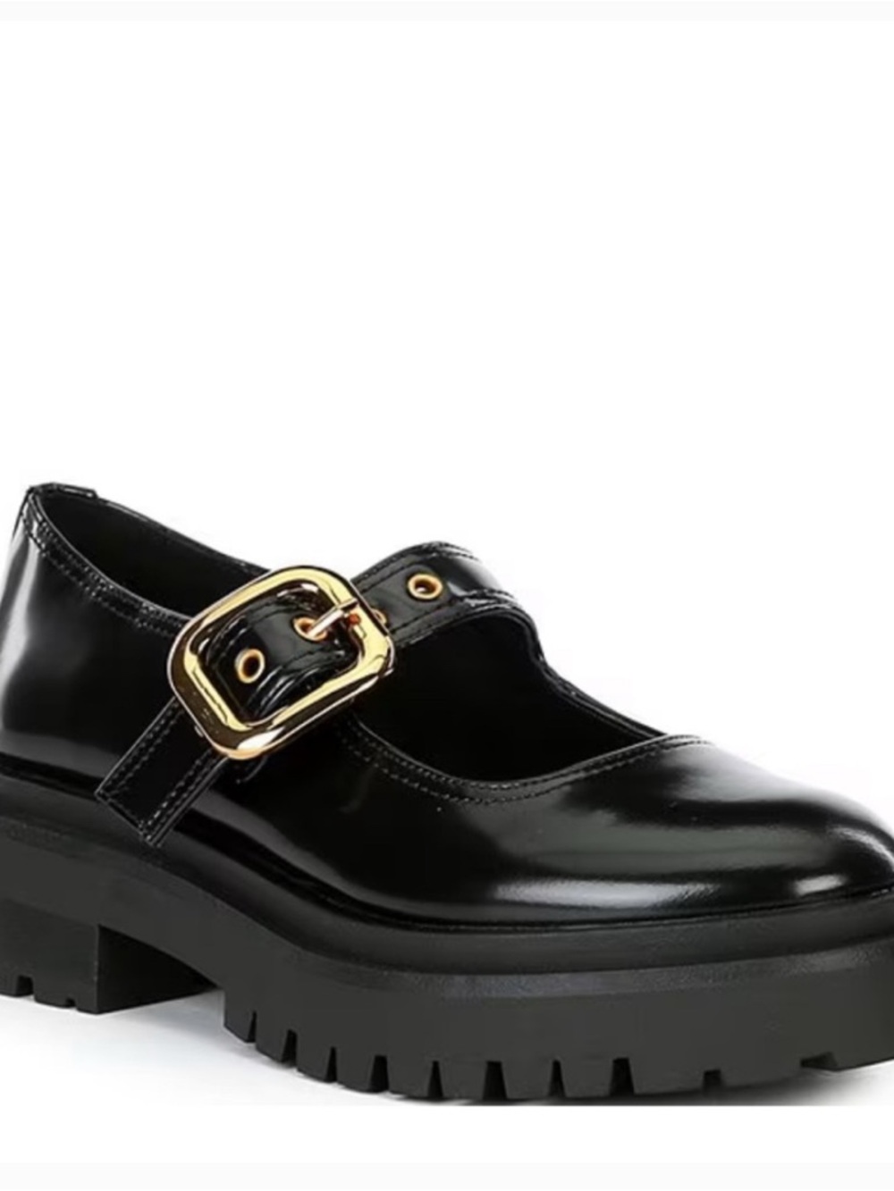 Steve Madden Black Patent Mary Jane Shoes with Gold Buckle